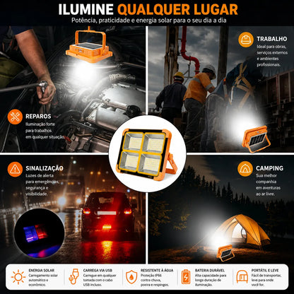 Lanterna de trabalho LED recarregável por energia solar, com 288 LEDs 5730 super brilhantes, carregamento USB e Tipo-C, 5 modos de iluminação, à prova d'água IP66, portátil para camping, pesca, emergências e uso ao ar livre.