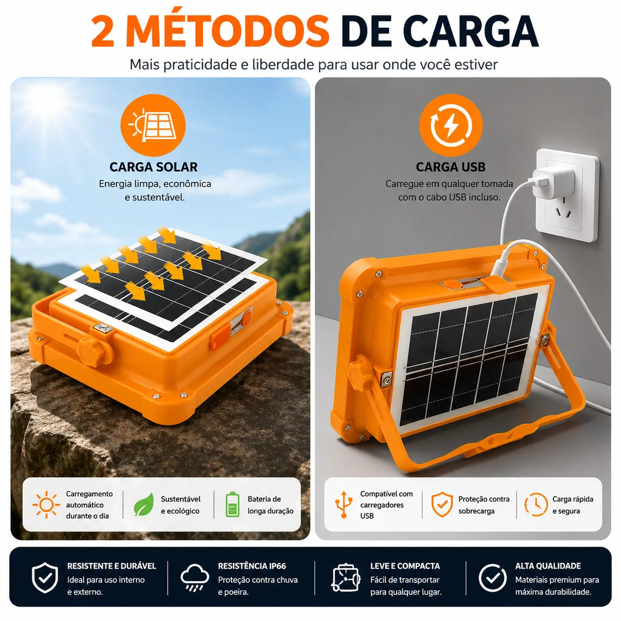 Lanterna de trabalho LED recarregável por energia solar, com 288 LEDs 5730 super brilhantes, carregamento USB e Tipo-C, 5 modos de iluminação, à prova d'água IP66, portátil para camping, pesca, emergências e uso ao ar livre.