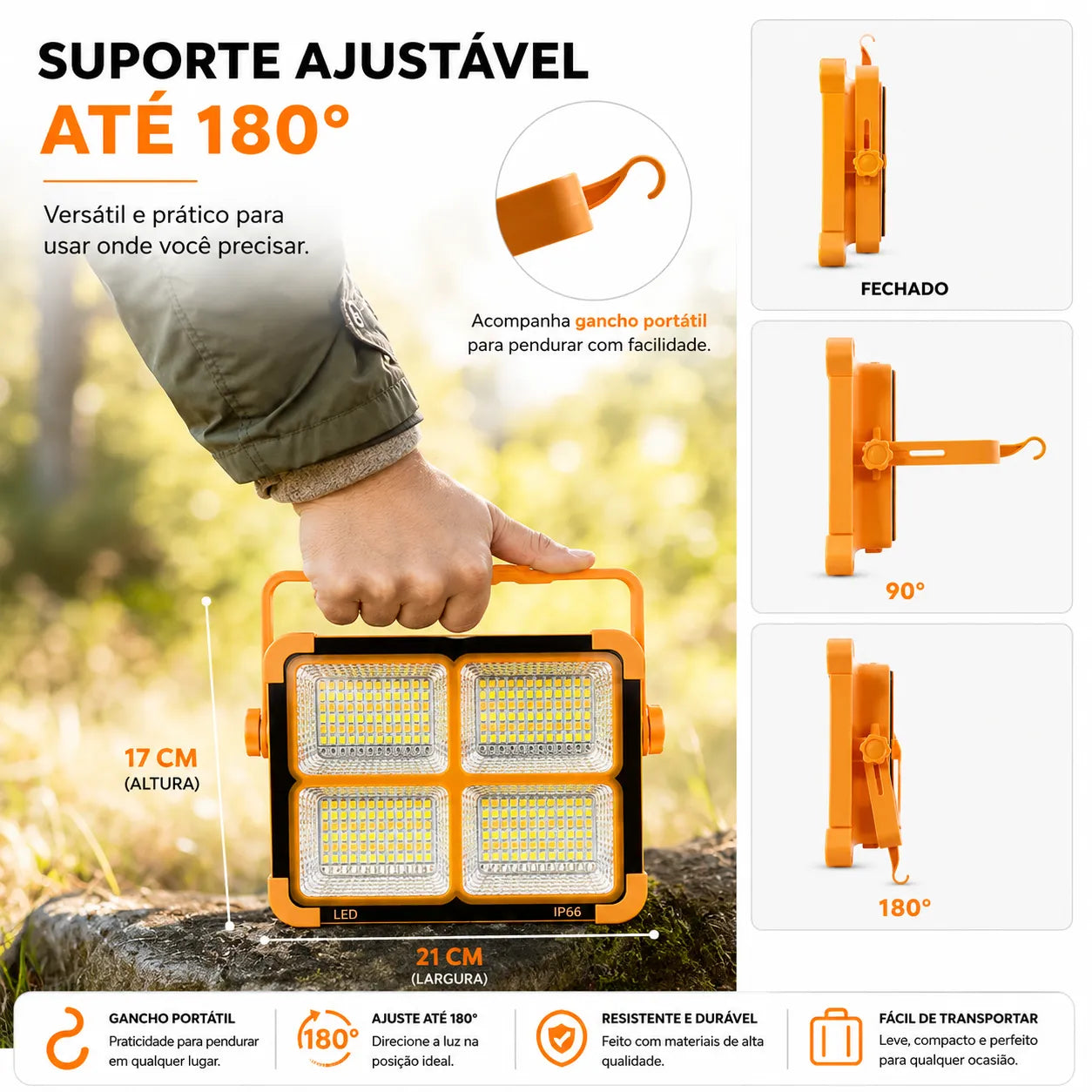 Lanterna de trabalho LED recarregável por energia solar, com 288 LEDs 5730 super brilhantes, carregamento USB e Tipo-C, 5 modos de iluminação, à prova d'água IP66, portátil para camping, pesca, emergências e uso ao ar livre.
