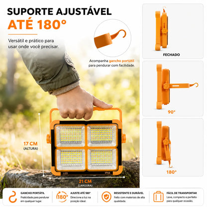 Lanterna de trabalho LED recarregável por energia solar, com 288 LEDs 5730 super brilhantes, carregamento USB e Tipo-C, 5 modos de iluminação, à prova d'água IP66, portátil para camping, pesca, emergências e uso ao ar livre.