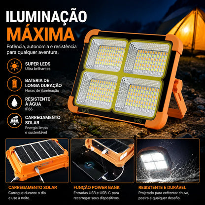 Lanterna de trabalho LED recarregável por energia solar, com 288 LEDs 5730 super brilhantes, carregamento USB e Tipo-C, 5 modos de iluminação, à prova d'água IP66, portátil para camping, pesca, emergências e uso ao ar livre.