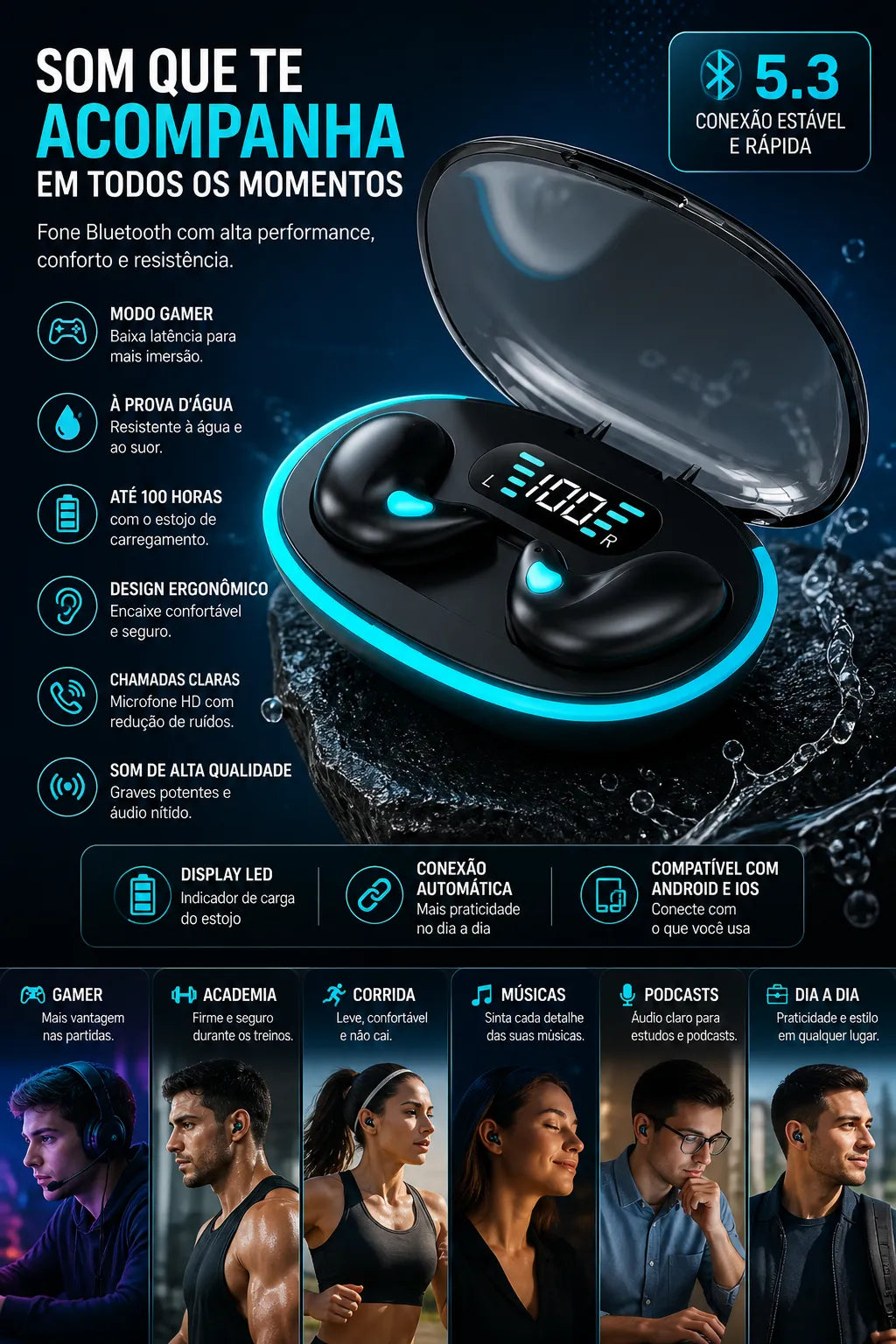 Fone Bluetooth Xiaomi 5.3 EarFit Pró A Prova D´agua Atividade Física Gamer Musicas