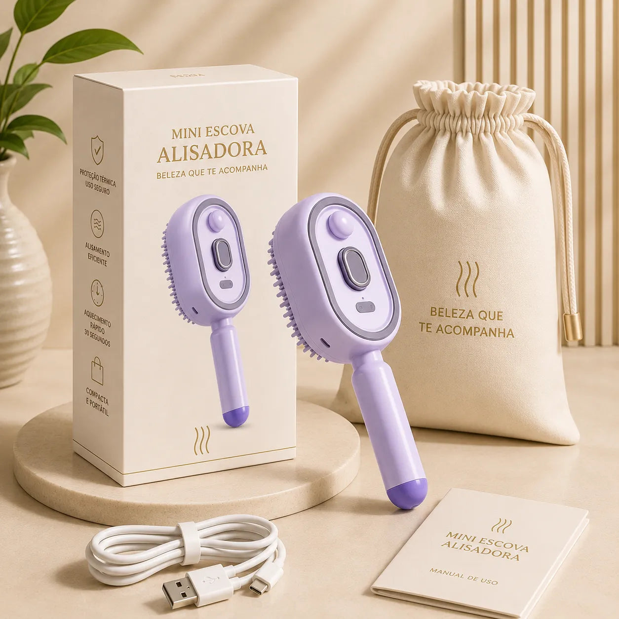 Escova Elétrica Alisadora Ar 3 em 1 a Vapor Recarregável Super Potente