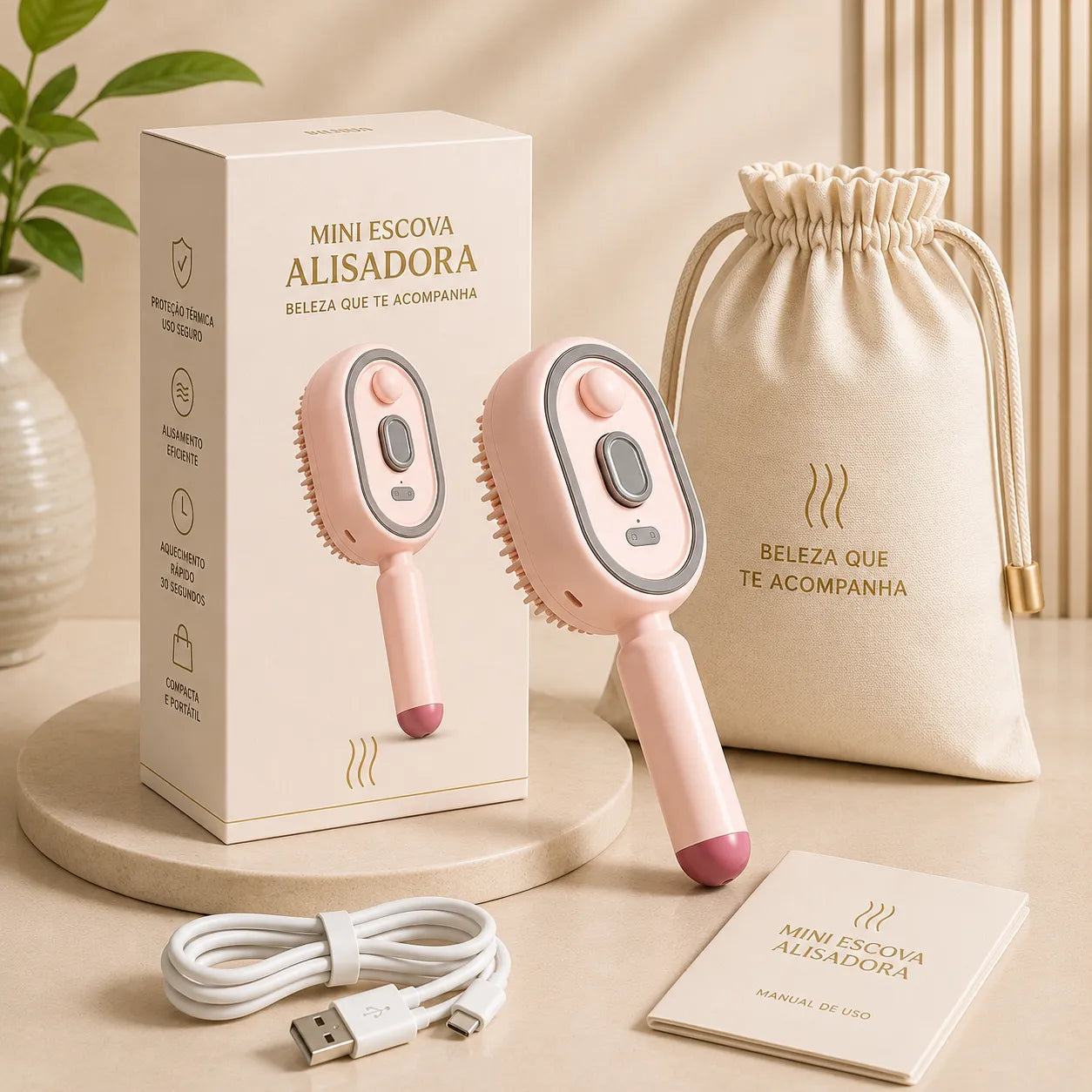 Escova Elétrica Alisadora Ar 3 em 1 a Vapor Recarregável Super Potente