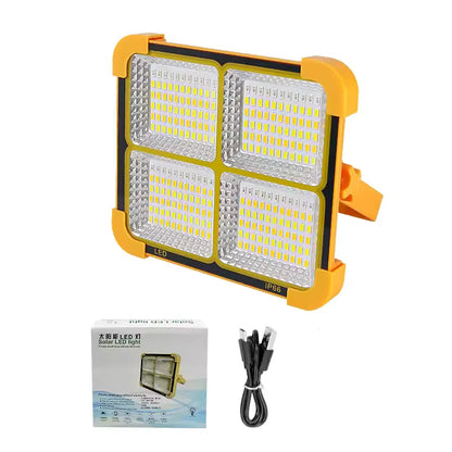 Lanterna de trabalho LED recarregável por energia solar, com 288 LEDs 5730 super brilhantes, carregamento USB e Tipo-C, 5 modos de iluminação, à prova d'água IP66, portátil para camping, pesca, emergências e uso ao ar livre.
